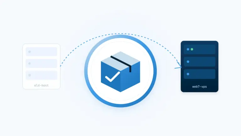 Illustration of a website package moving along an arc from an old host to a Web7 VPS