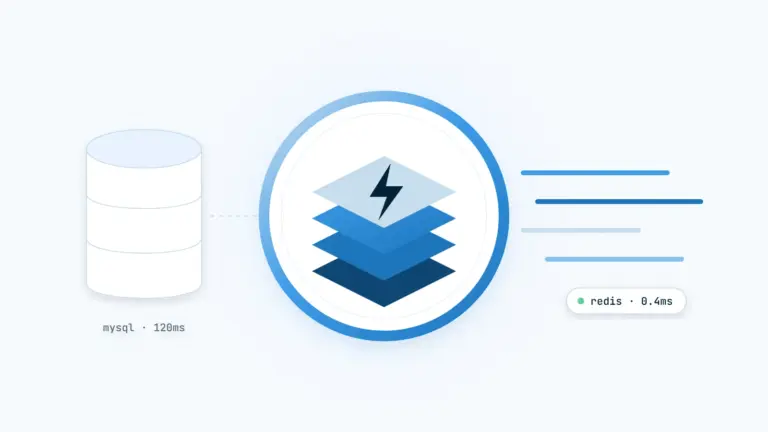 Illustration of stacked cache layers with a lightning bolt, between a database and fast speed lines