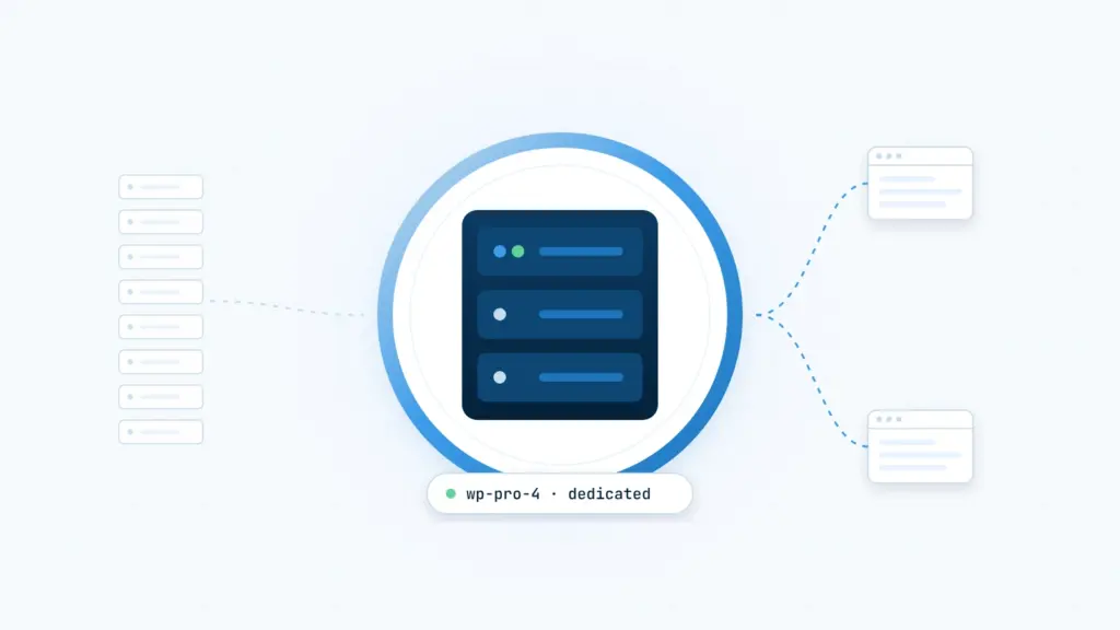 Illustration of a dedicated server inside a blue ring, isolated from a crowded stack of shared servers